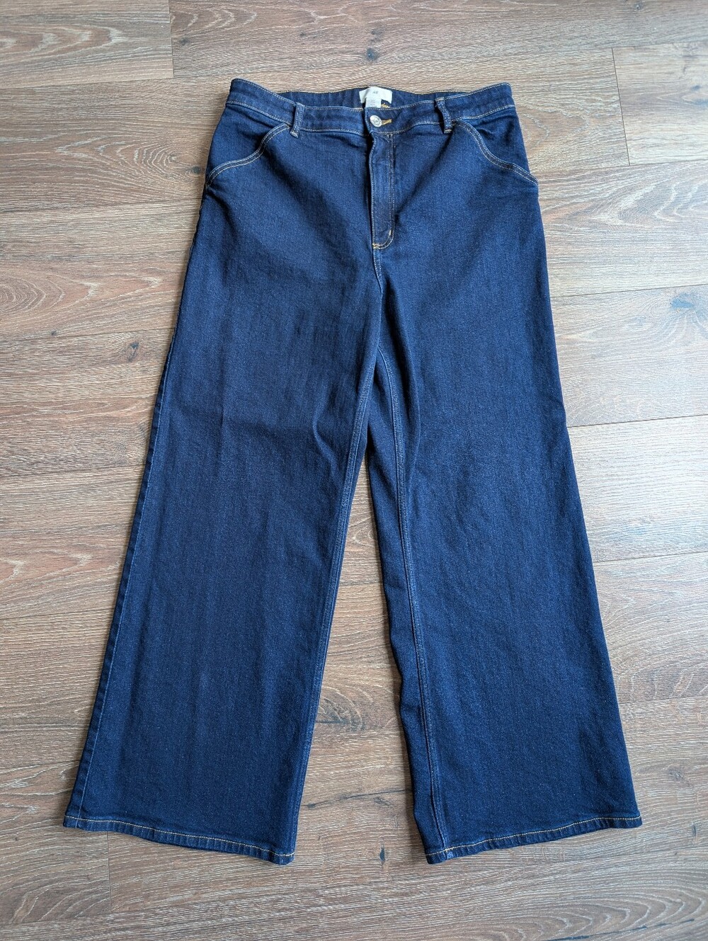 H&M High Waist Wide Leg Jeans Women Size 14 32x29 Dark Wash Denim Stretch Trendy